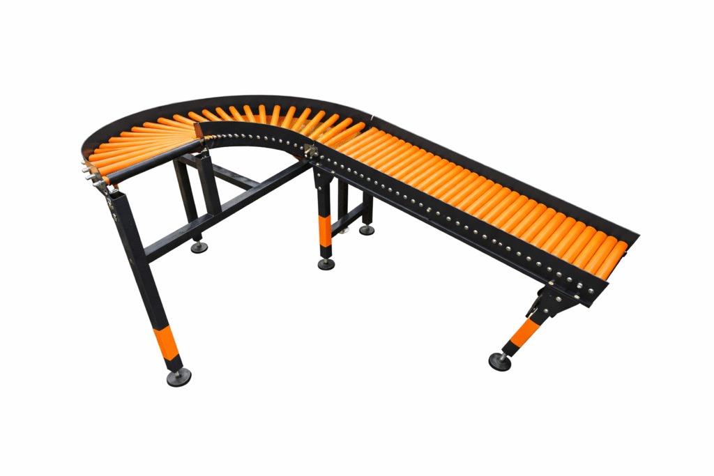 Curved roller conveyor with orange rollers